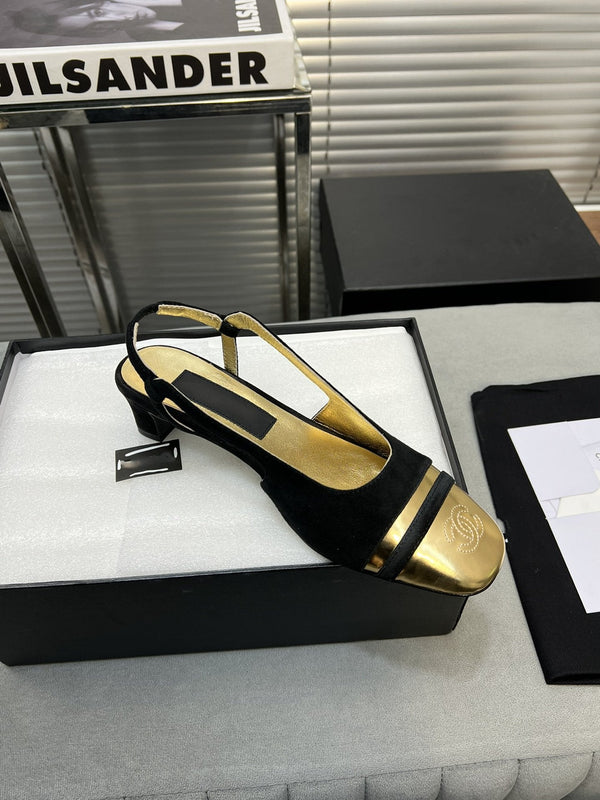 slingback black suede gold metalic lambskin square toe 5.0