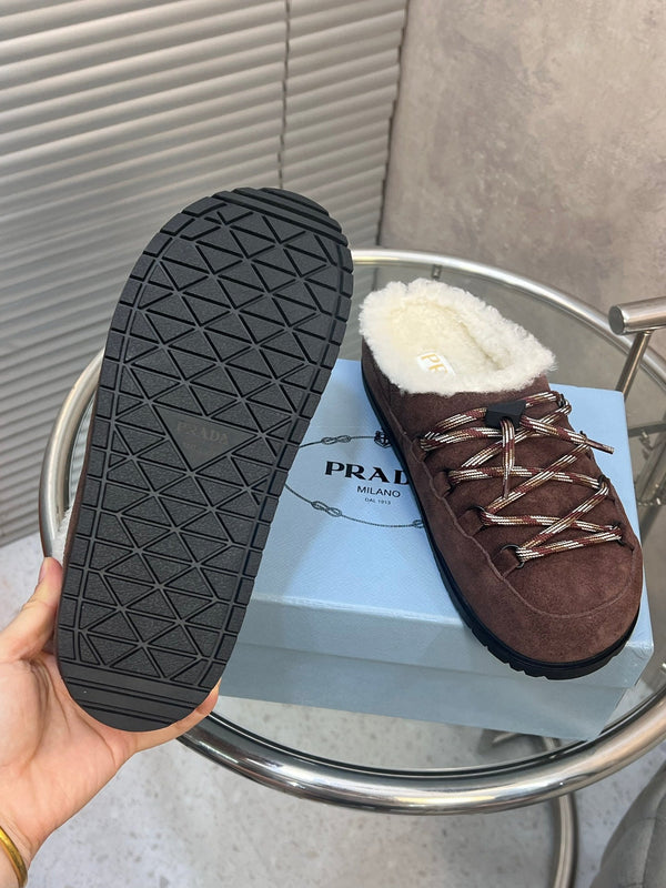 Prad 26s Mules Lace-up Coffe Suede Shearing 952898