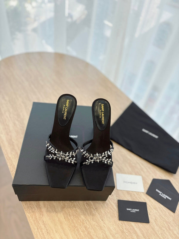 RAV HIGH HEEL 10 CM EMBELLISHED BLACK SATIN MULES