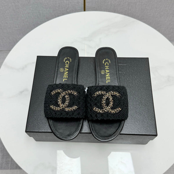 CC Slide Sandals 25s In Black Fabric And Calfskin With Logo