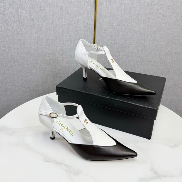 CC T-Strap Kitten Heels White Black Sheepskin 619976