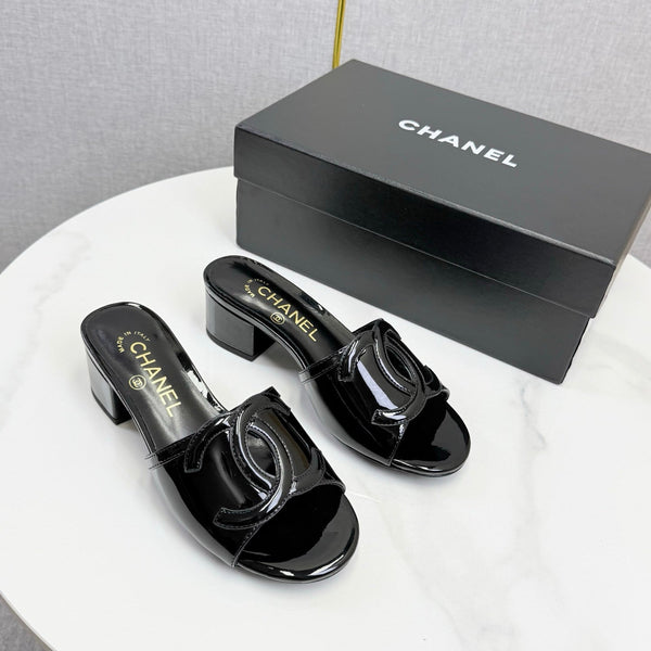 CC 26s Block Heel Sandals 4cm Black Patent Calfskin