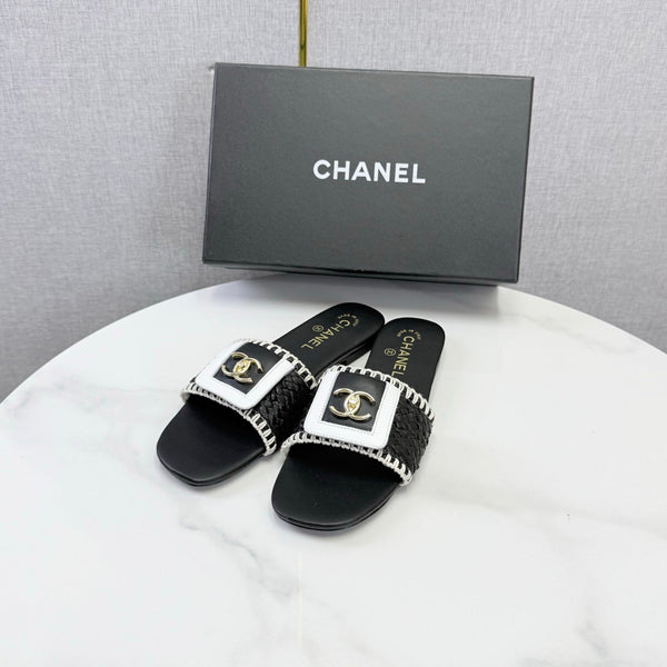 CC 26s Woven Strap Slides Black White Lambskin
