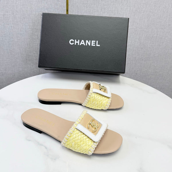 CC 26s Woven Strap Slides Yellow Beige Lambskin