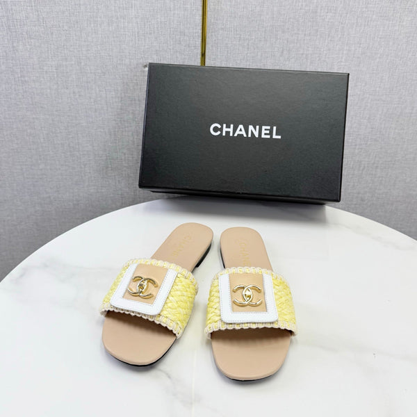 CC 26s Woven Strap Slides Yellow Beige Lambskin