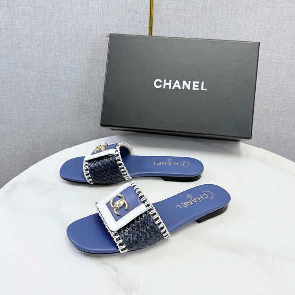 CC 26s Woven Strap Slides Dark Blue Lambskin