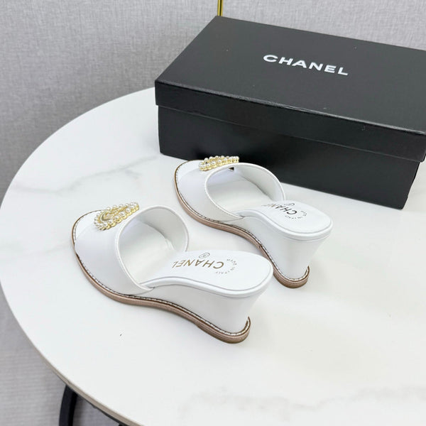 CC 26s Wedge Heels In White Lambskin With CC Pearl Embellished