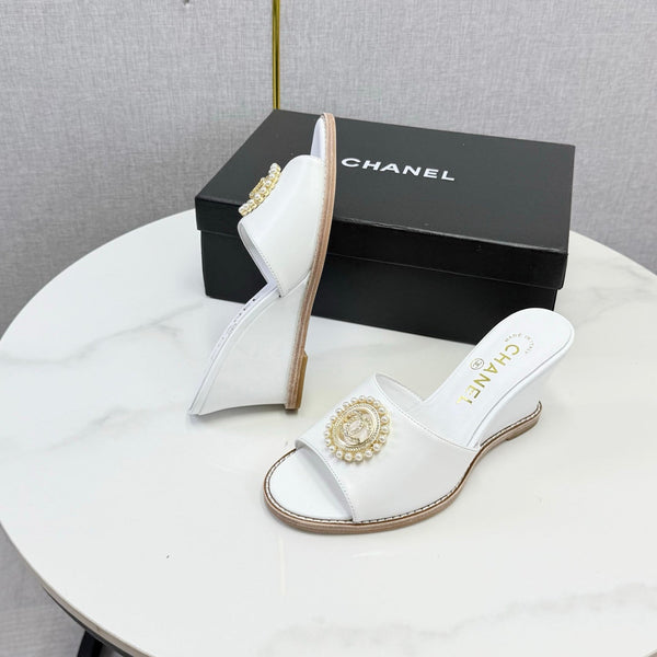 CC 26s Wedge Heels In White Lambskin With CC Pearl Embellished