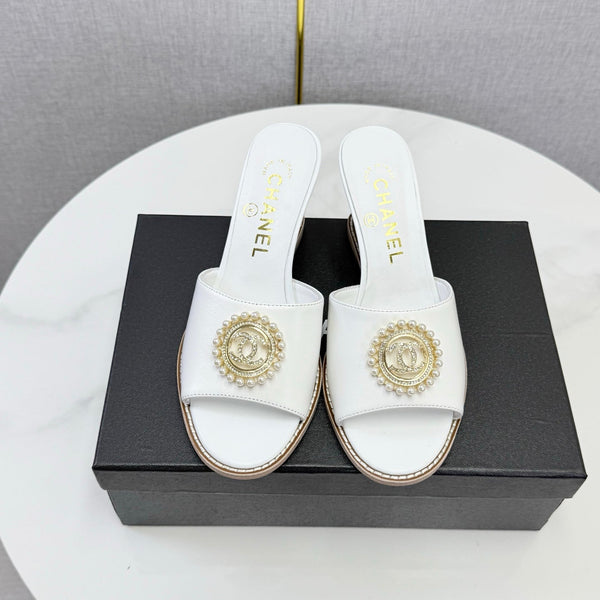 CC 26s Wedge Heels In White Lambskin With CC Pearl Embellished