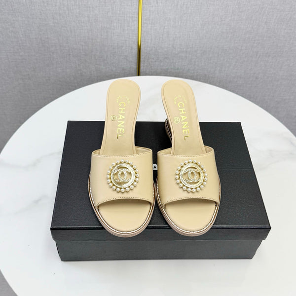 CC 26s Wedge Heels In Beige Lambskin With CC Pearl Embellished