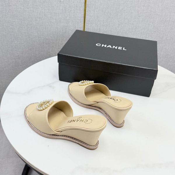 CC 26s Wedge Heels In Beige Lambskin With CC Pearl Embellished