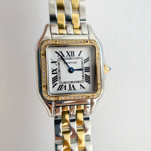 Panthere 22mm Gold Silver Diamond Bezel Double Chain 44cm