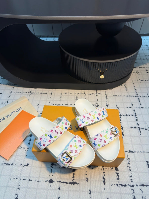 LV LV x TM Bom Dia Flat Comfort Mule White with Monogram Multicolore Leather 218912
