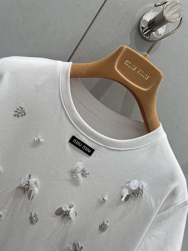 Miu Miu 25 beaded sequined flower short-sleeved T-shirt White Cotton 210497