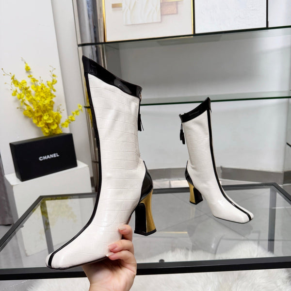 CC 26 FW Ankle Boots 8.5cm Black White Crocodile-Embossed Leather 919940