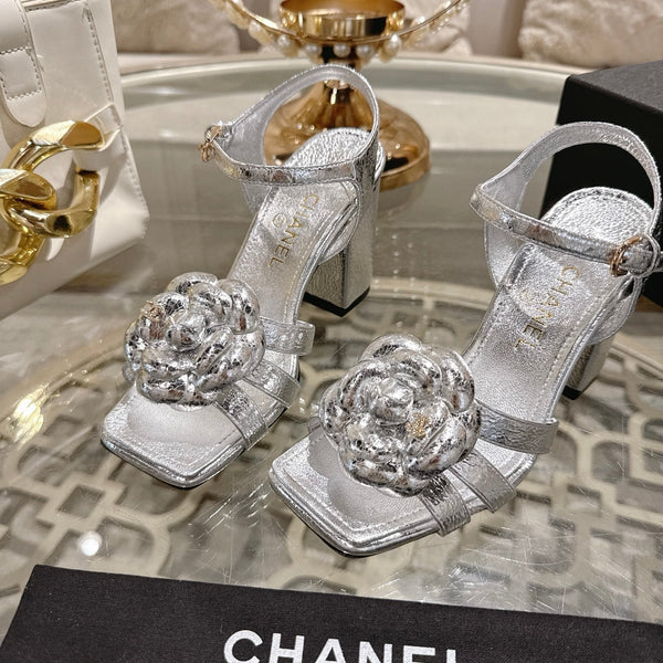 CC Camellia Flower Block Heel Sandals Sliver Sheepskin 735987