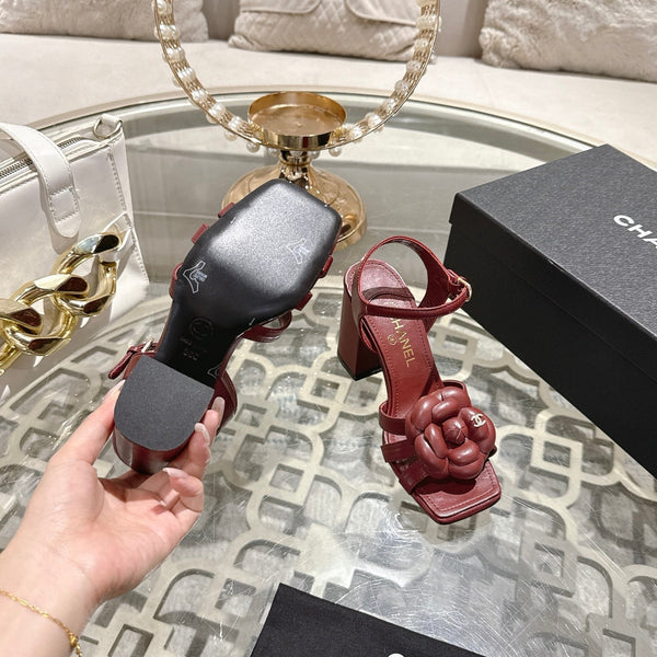 CC Camellia Flower Block Heel Sandals Burgundy Sheepskin 735988