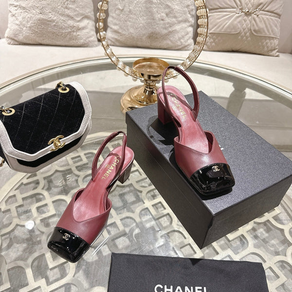 CC 26s Square-Toe High-Heeled Slingbacks 6cm Black Burgundy Leather 736105