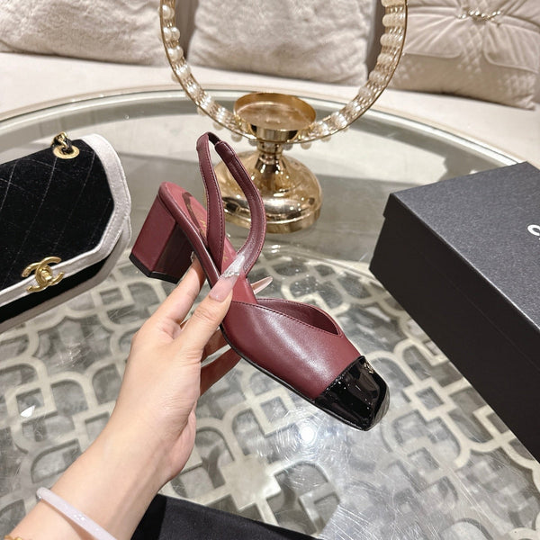 CC 26s Square-Toe High-Heeled Slingbacks 6cm Black Burgundy Leather 736105