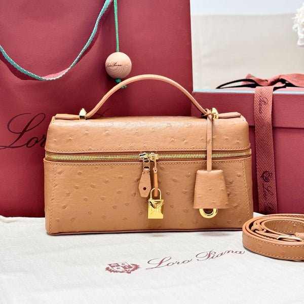 LP Extra Pouch L23 Gold Brown Ostrich Pattern Leather