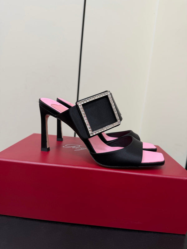 RV Trompette Sandals 8.5cm Black Pink Satin 619600