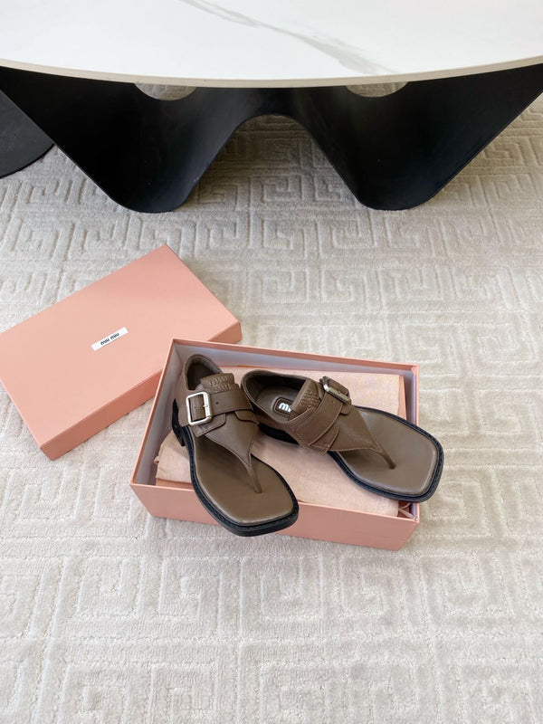 Miu Thong Sandals In Coffee Brown Lambskin With Silver Buckle