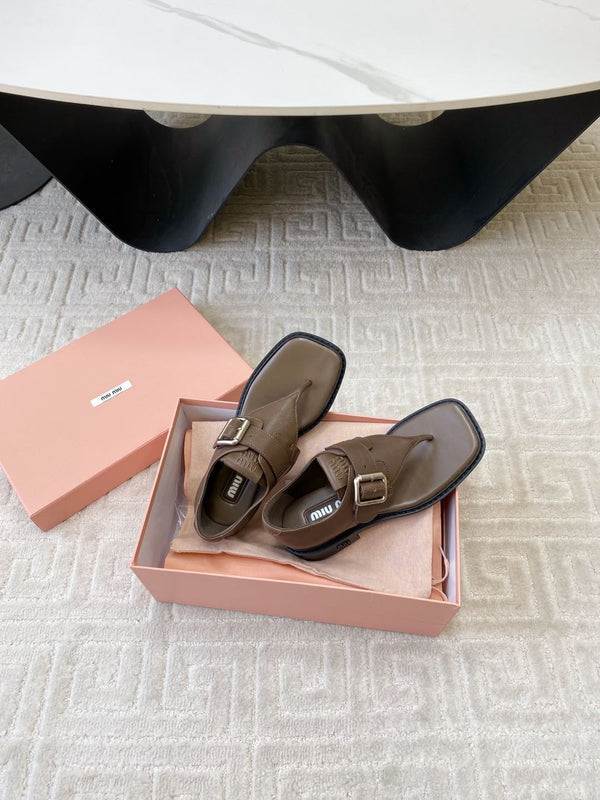 Miu Thong Sandals In Coffee Brown Lambskin With Silver Buckle