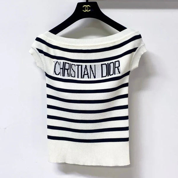 CD 2026 Striped Off-Shoulder Knit Top White Black Wool 396617