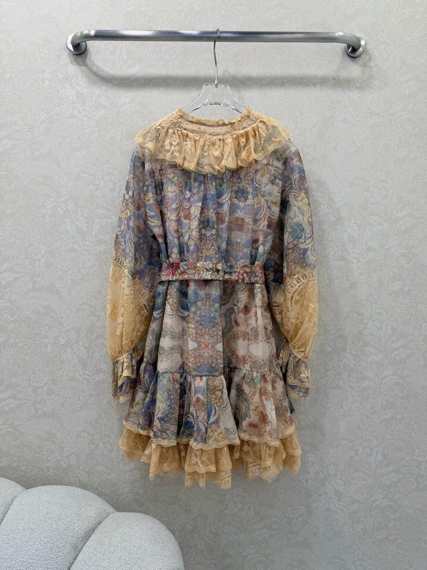 Zimmermann Rebellion Lace-Up Mini Dress Tan Blue Cotton 335959