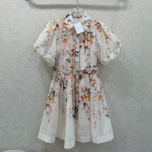 Zimmermann Floral Puff Sleeve Mini Dress Cream Floral Print Cotton 347338