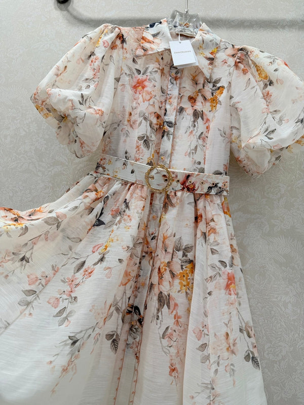 Zimmermann Floral Puff Sleeve Mini Dress Cream Floral Print Cotton 347338