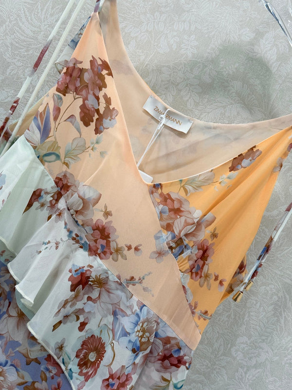 Zimmermann Awaken Frilled Slip Dress Spliced Print Cotton 347332