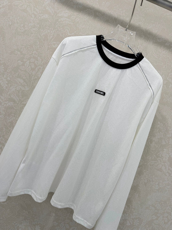 CC 26s Round Neck Pure Long Sleeve T-Shirt White Cotton