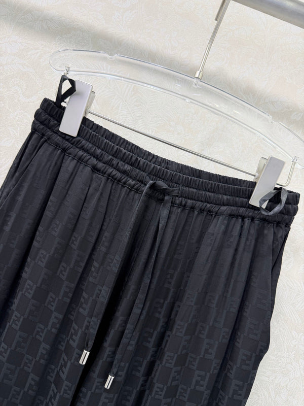 Fendi 26s Wide-Leg Trousers Jacquard Pattern Black Rayon Cotton
