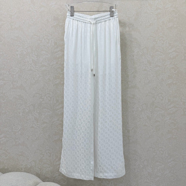 Fendi 26s Wide-Leg Trousers Jacquard Pattern White Rayon Cotton 351984