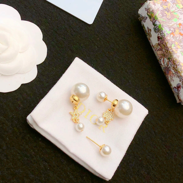 CD 26S Pearl Star & Flower Drop Earrings In Gold Tone Metal With Crystal 631008