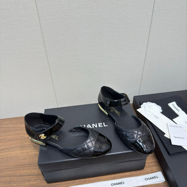CC Quilted Cap Toe Ballerina Flats Black Lamskin & Calfskin 429729