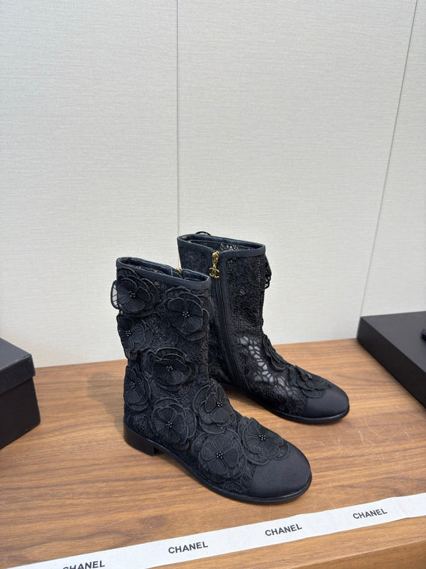 CC 25b Camellia Flower Short Boots 40mm Black Mesh & Frabic 429749
