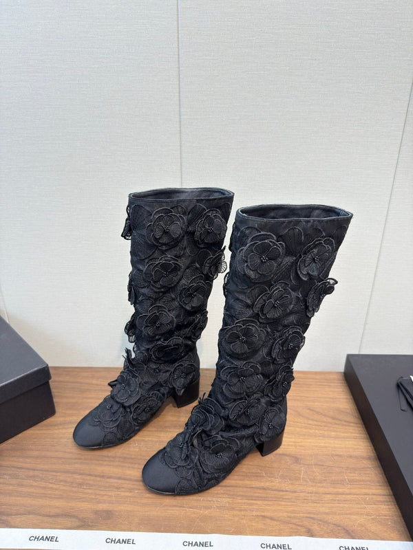CC 25b Camellia Flower Long Boots 40mm Black Mesh & Frabic 429750