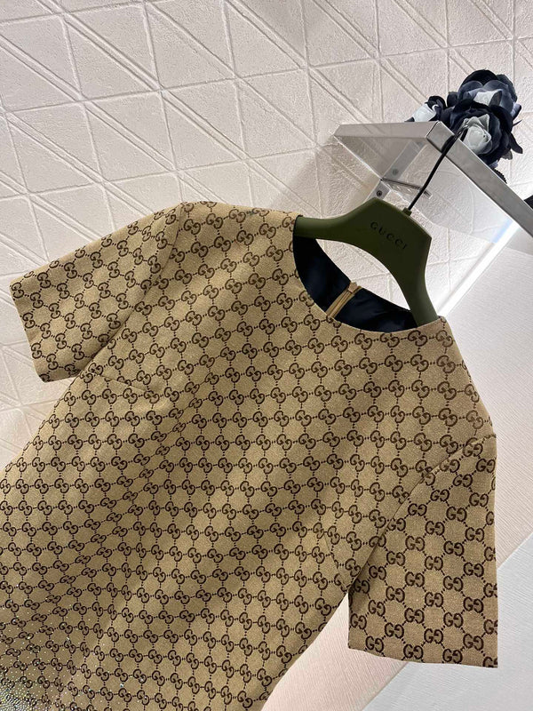 GG Beige Monogram Crystal Embellished Mini Dress