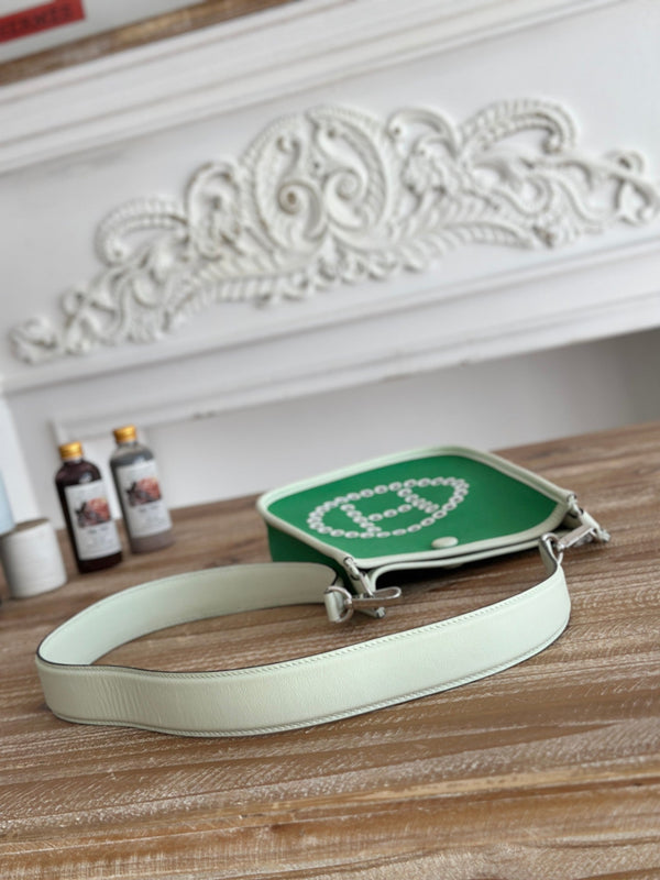 MINI NEO 17 EVELYNE BAG IN EMERALD GREEN CANVAS AND WHITE CALFSKIN