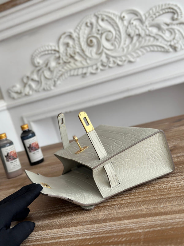 HM 26s Kelly Mini 22cm Milky White Croc Embossed Calfskin