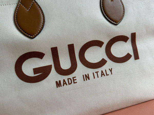 Gucci Medium Tote Bag Brown White Leather Canvas 248187
