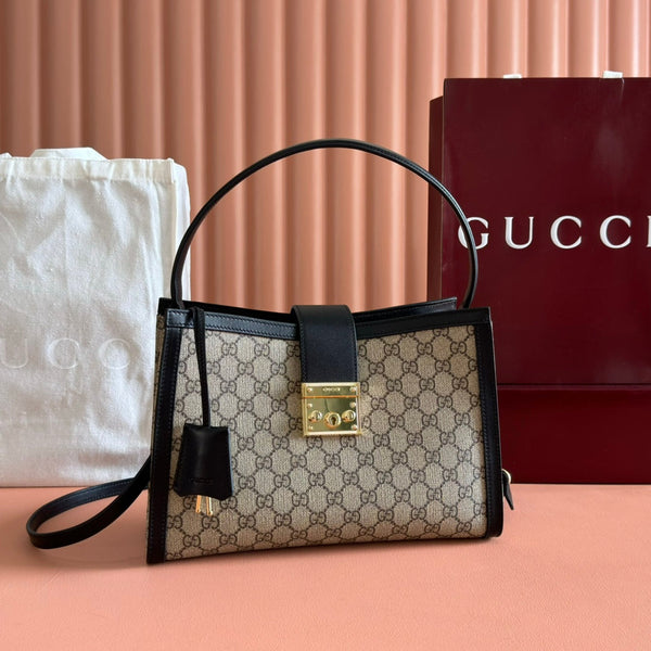 GG Padlock Large Top Handle Bag Beige Black Leather Canvas