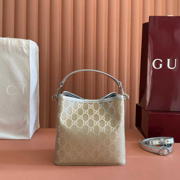 GG Emblem Small Bucket Bag Beige Sliver GG Fabric