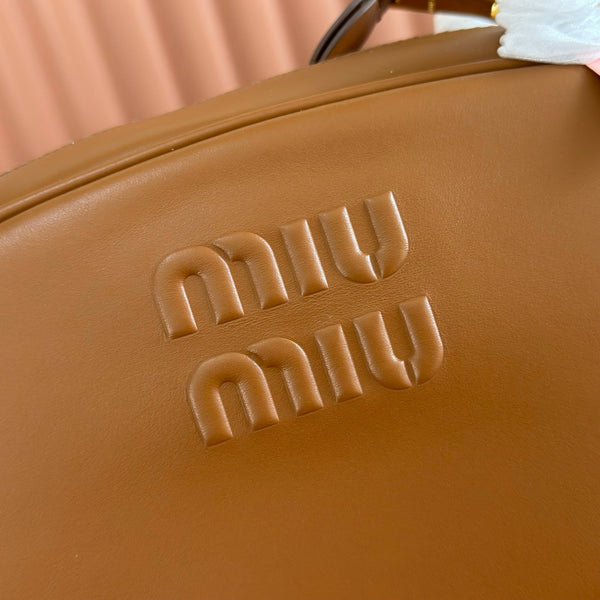 Miu Beau Semi-Circular Bowling Bag Tan Brown Leather