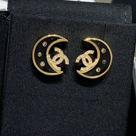 CC Black Enamel Full Diamond Double C Moon Earrings