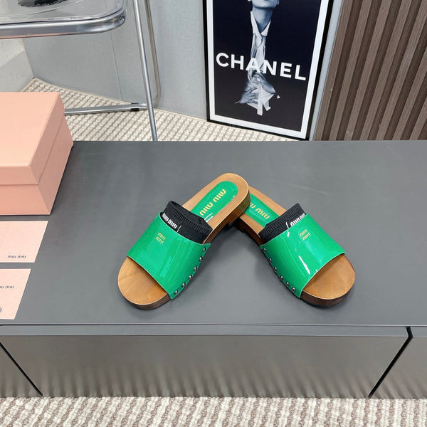 Miu Miu Slippers In Green & Black Glossy Calfskin With Purple Half-Foot Socks