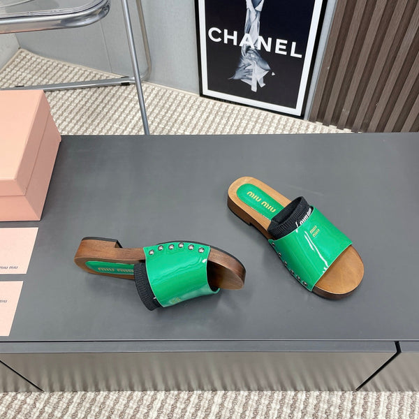 Miu Miu Slippers In Green & Black Glossy Calfskin With Purple Half-Foot Socks