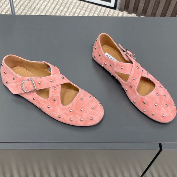 Alaia 2025 Criss Cross With Stud Ballet Flats Pink Suede 293216